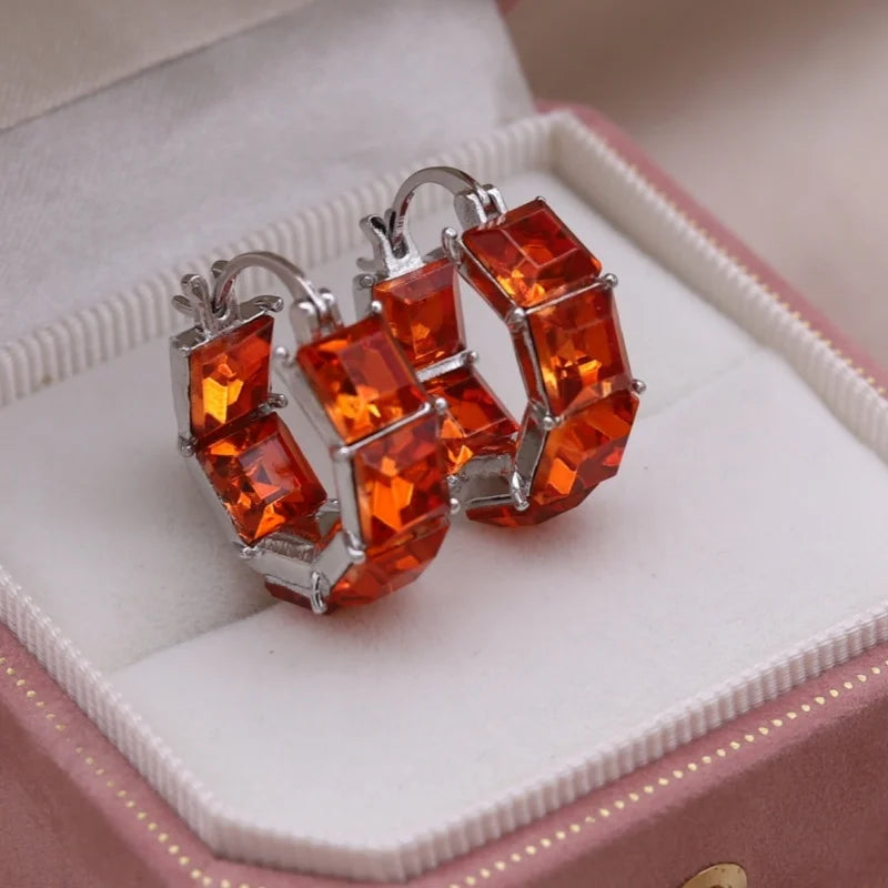 2025 Korean new design fashion jewelry luxury square blue crystal hoop earrings elegant women's daily work accessories