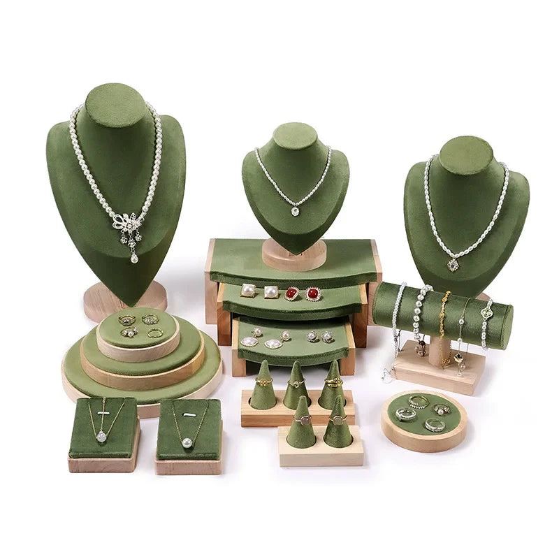 Solid wood green velvet jewelry display stand ring stud necklace pendant bracelet storage and display stand