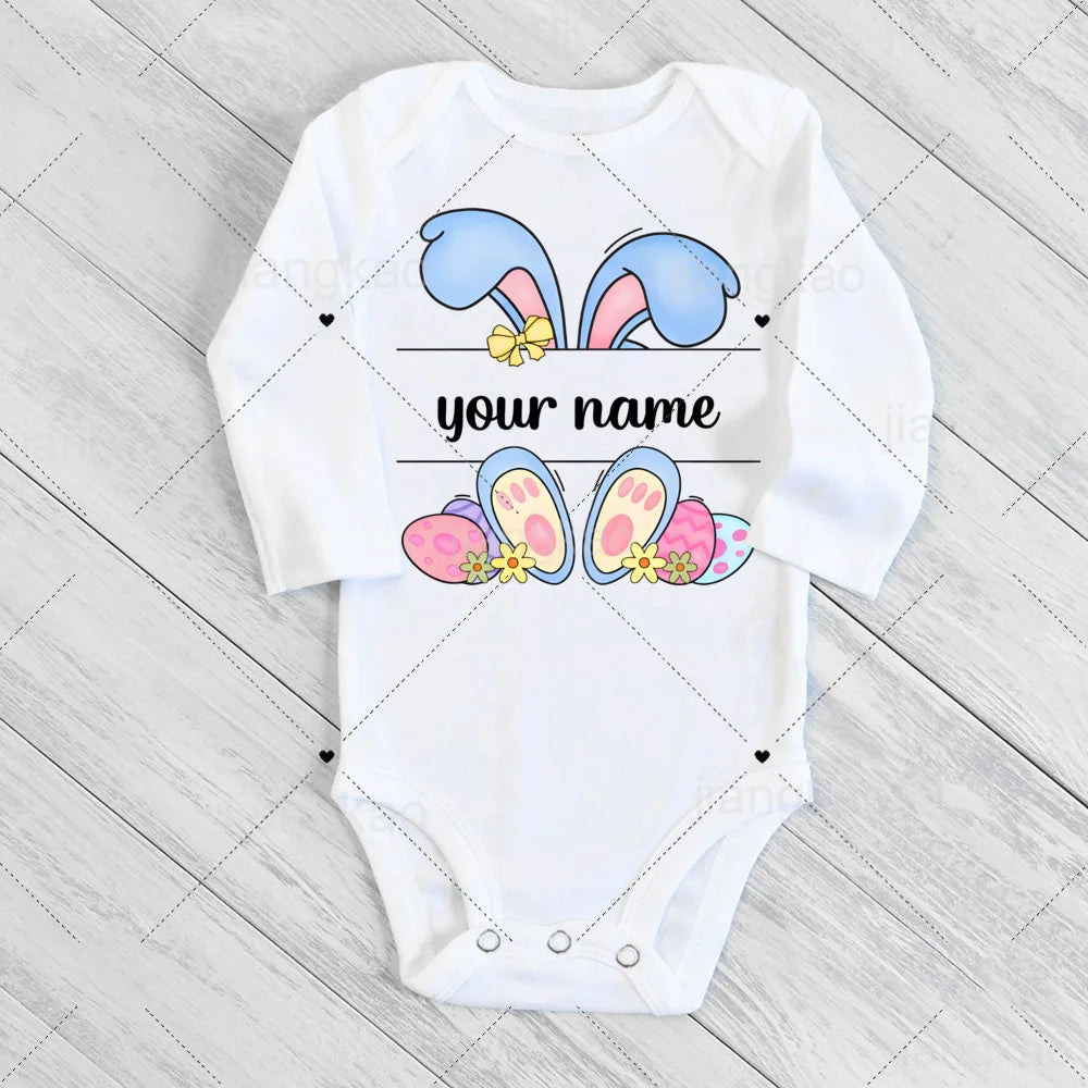Personalized Easter Romper Easter Bunny Romper Custom Name Baby Girls Cute Outfit Newborn First Easter Party Clothes