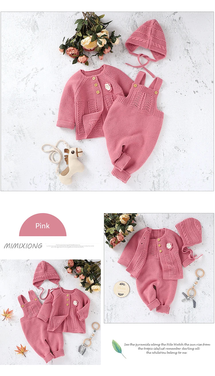 Baby Romper Set Knit Autumn Newborn Girl Boy Long Sleeve Coat Jumpsuit Outfit Hat 3PC Fashion Solid Infant Clothing Suit Sweater