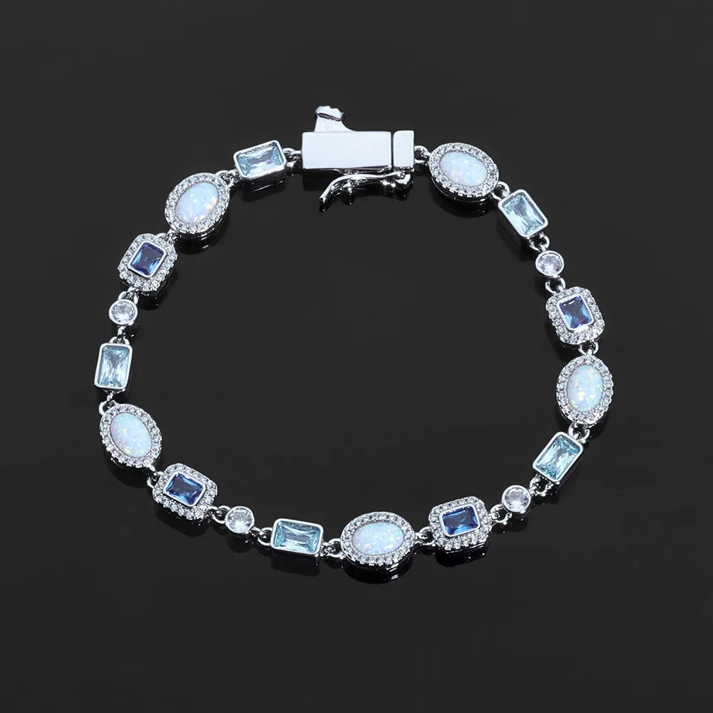 ESKEEM 6mm Geometric Gemstone Motif Iced Out Blue Chain Multicolor CZ Stones White Gold Plated Diamond Necklace Hip Hop Jewelry