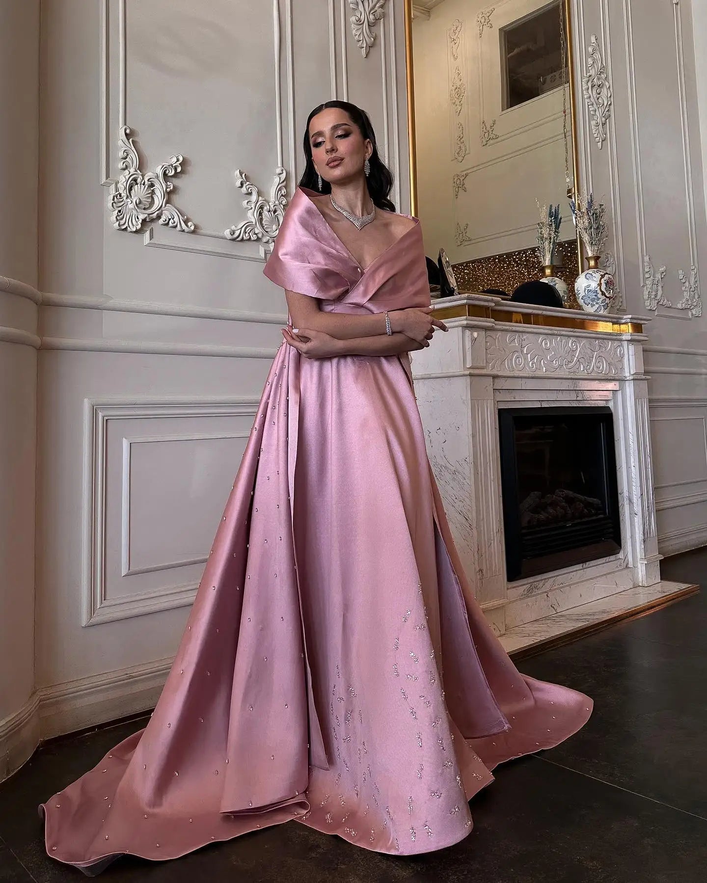 Sharon Said Luxury Dubai Pink Satin Evening Dresses with Train Off Shoulder Arabic for Wedding Party Gowns SS481 Customized