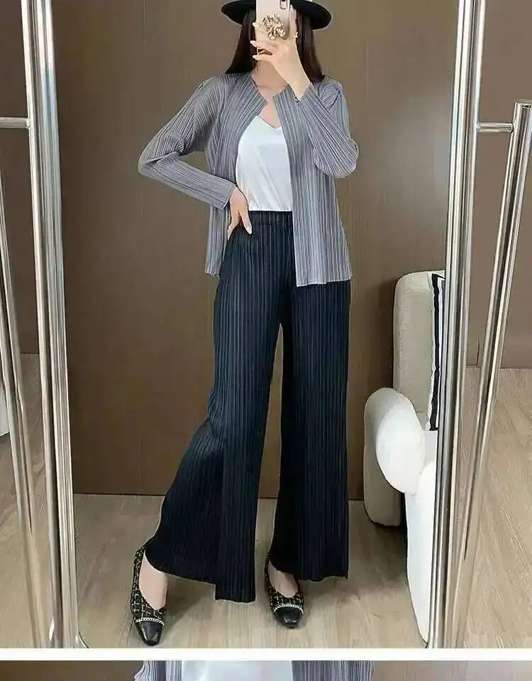 LANMREM patchwork design women's Pleated trousers elastic High Waisted Draped Straight Wide Leg Pants 2025 chic new 2DB3871