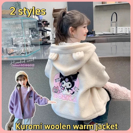 Winter 2025 New Cartoon Sanrio Kuromi Girls' Velvet Jacket Plus Velvet Children'S Polar Fleece Hooded Clothes Girls Winter Cloth