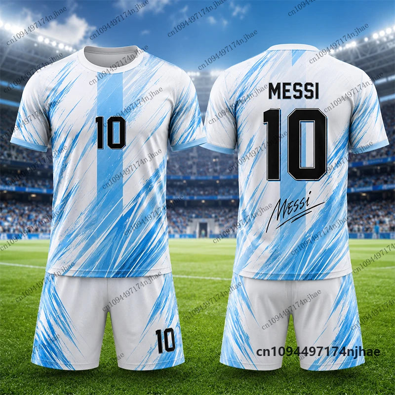 Children‘s Tracksuit Argentina Fans Messi No.10 Print T-Shirt+Shorts Sets Football Jersey Suit Sports Kids/Adult 2 Piece Outfits