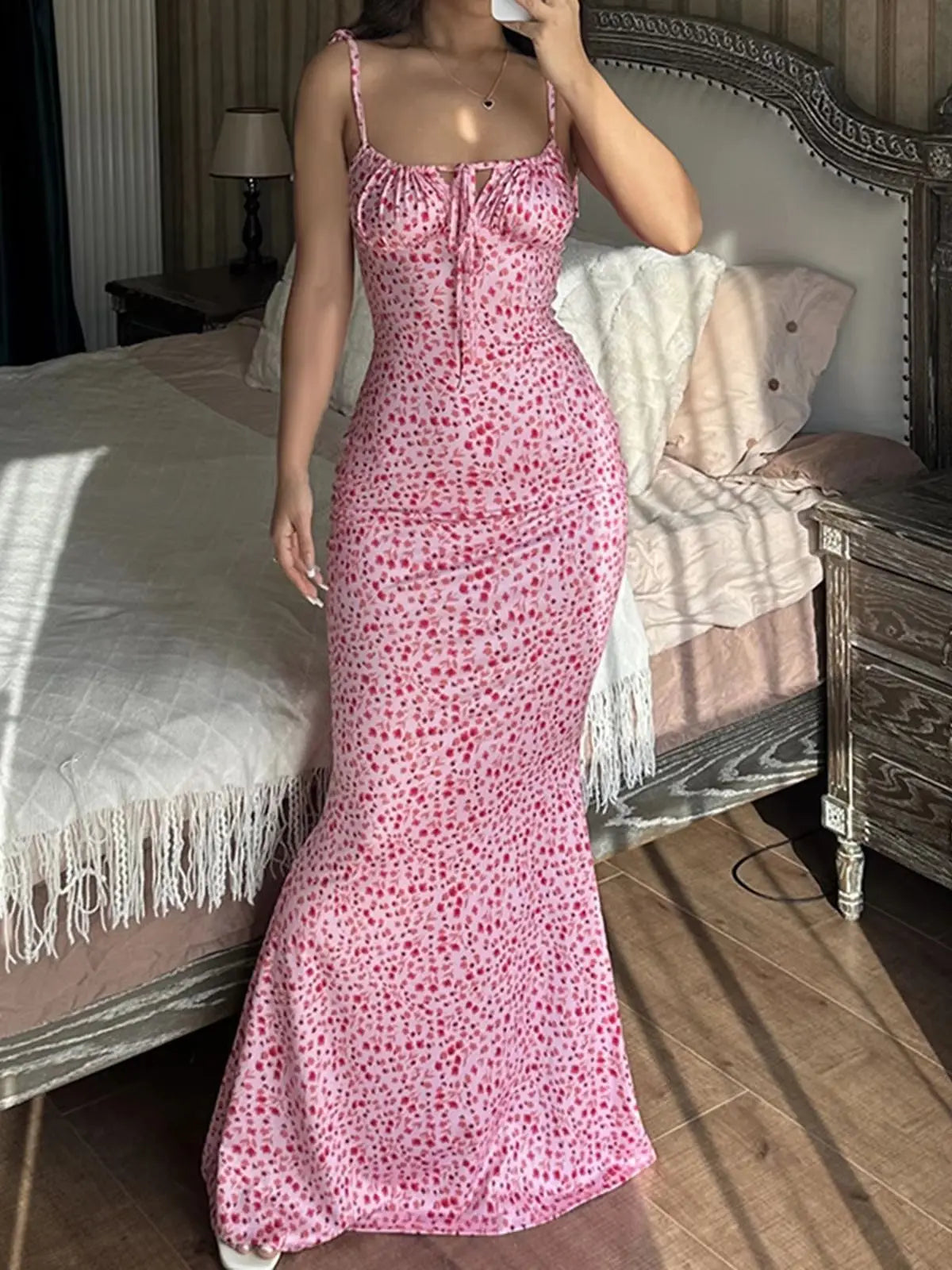 2025 Summer Floral Midi Dress Women Spaghetti Strap Tie-up V-neck Split Dress Sexy Vintage Elegant Dresses Female