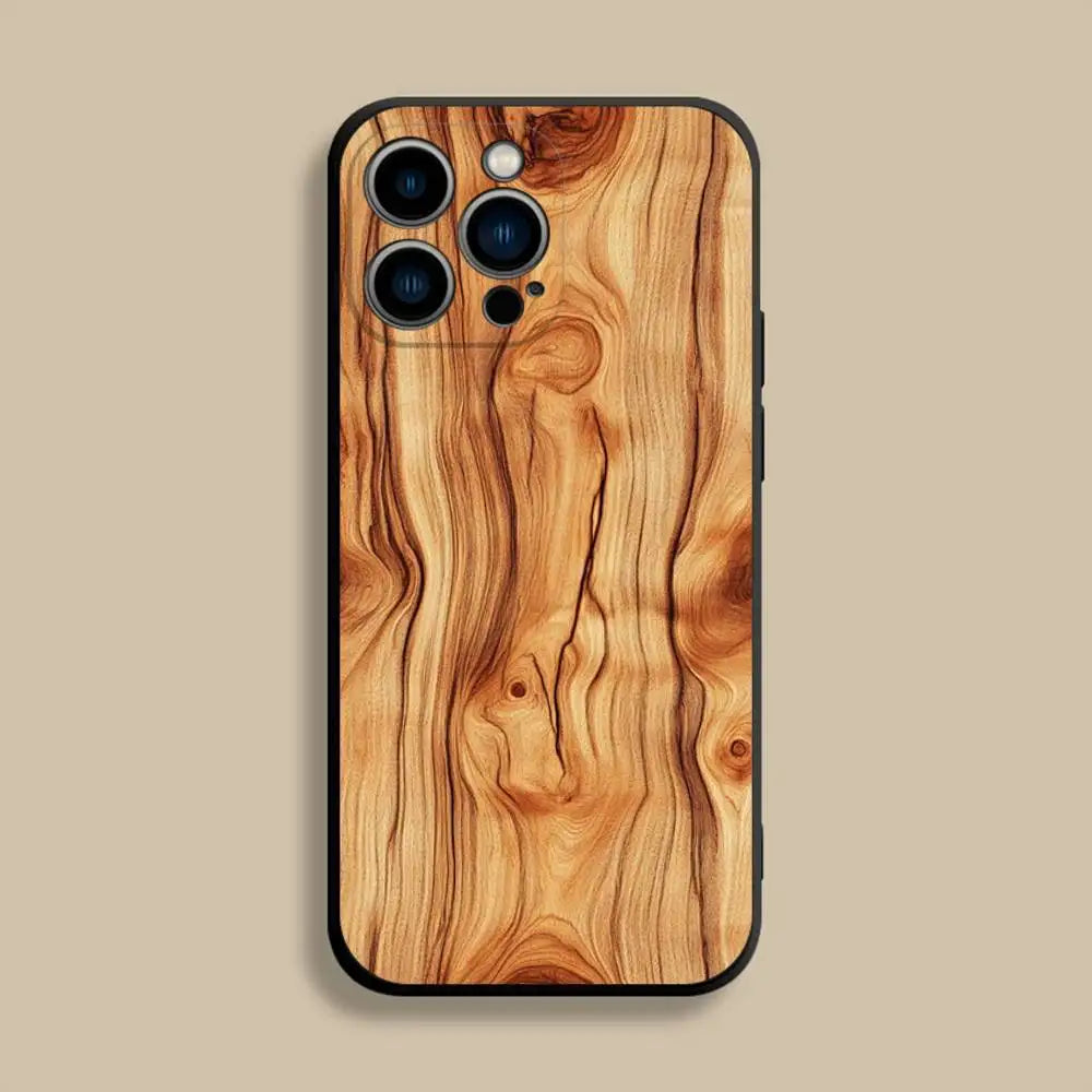 Natural Wood Phone Case For iPhone 17,16,15,14,13,12,Pro,Max,Plus,E,SE4,Air,Mini Black Soft Cover