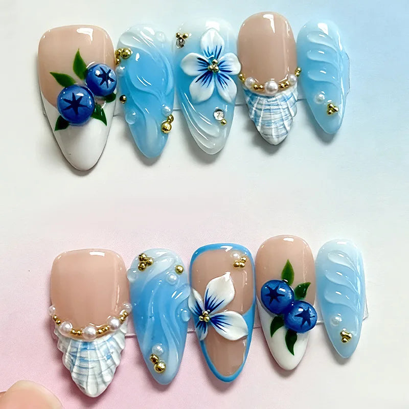 24pcs Long Almond False Nails with Flower Pearl Rhinestone Design Fake Nails Leopard Print Press on Nails Sets Finished Manicure