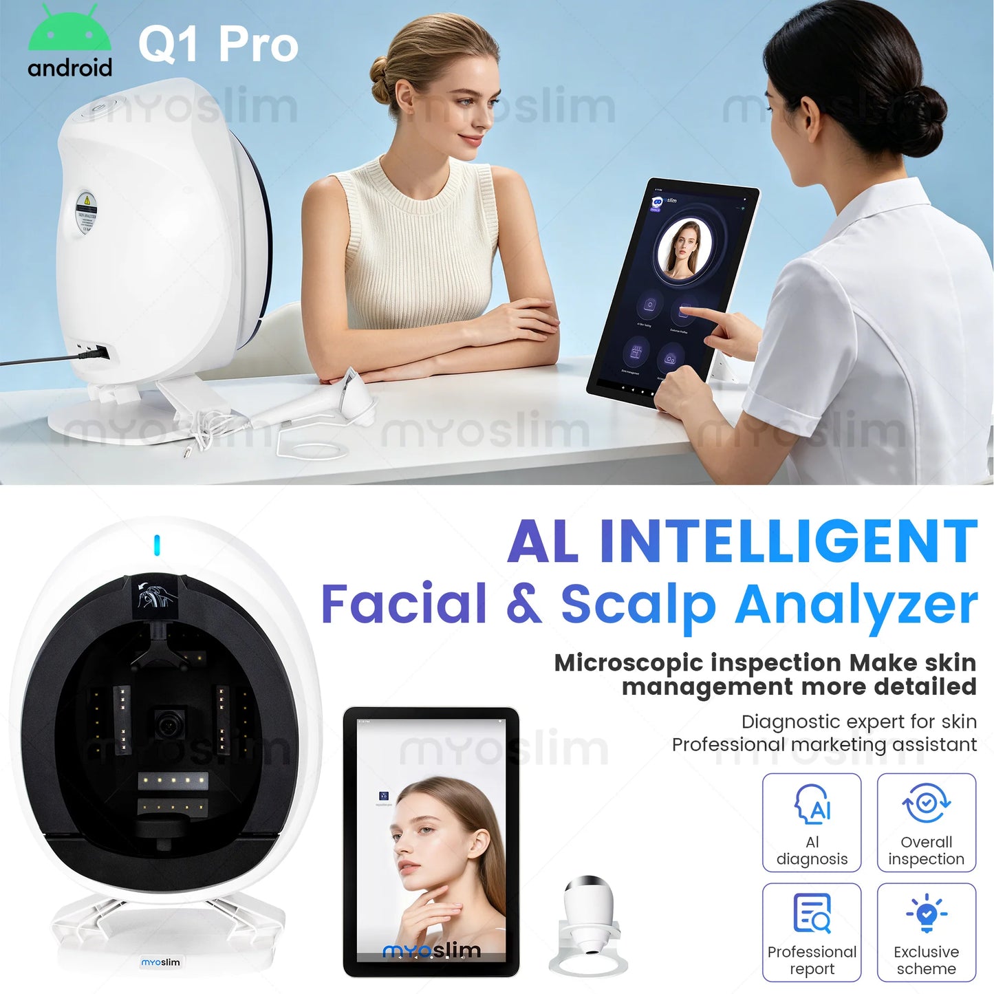 36M HD AI Skin Analyzer Q1pro Face Hair Scalp Detection Machine 8 Spectral Imaging Android 15.6 21.5 inch Custom Report