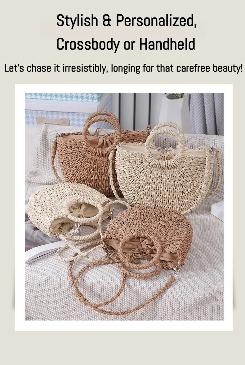 Hand Woven Straw Semicircle Tote Bag Large Capacity Handheld Crossbody 2-in-1 Beach Vacation Fashion Bag for Women