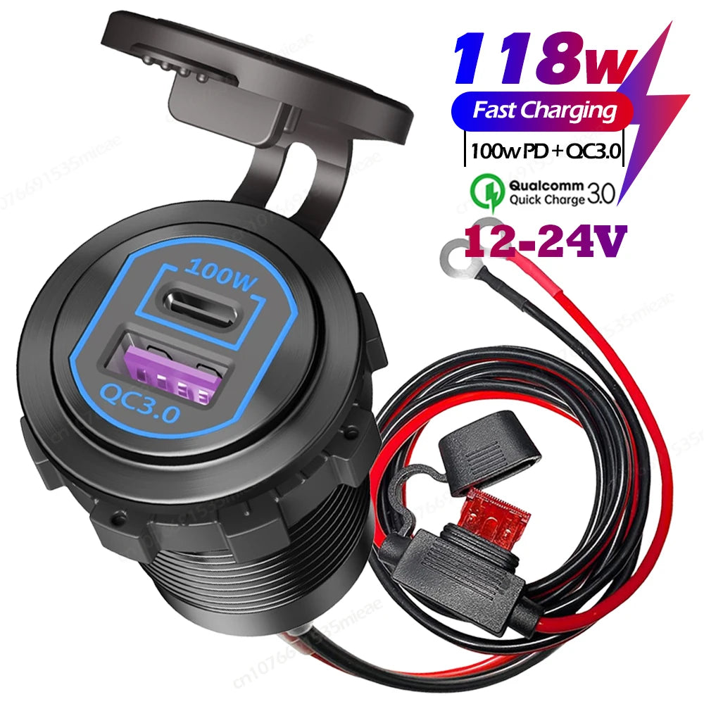 118W 12V USB Outlet Car Charger 100W PD3.0 & 18W QC3.0 Car USB Fast Charging Ports Aluminum Socket for Car RV Marine Golf Cart