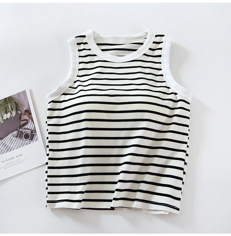 One Piece Pajamas Tops For Women New Fashion Striped Sleeveless Summer Sleepwear Shirt Slim Cotton Chest Pad Sleep T-Shirts