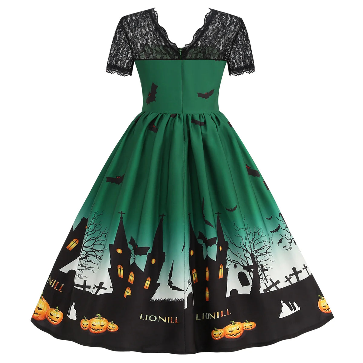 Halloween Gothic Dress Costume - Women's Retro Lace round Neck Short-Sleeved Printed Maxi Dress for Cosplay Party
