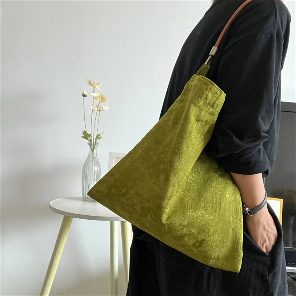 Women Handbag Totes Vintage Jacquard Silk Sati Linen Underarm Bag Portable Knot Wrist Bag Adjustable Pu Crossbody Travel Bag