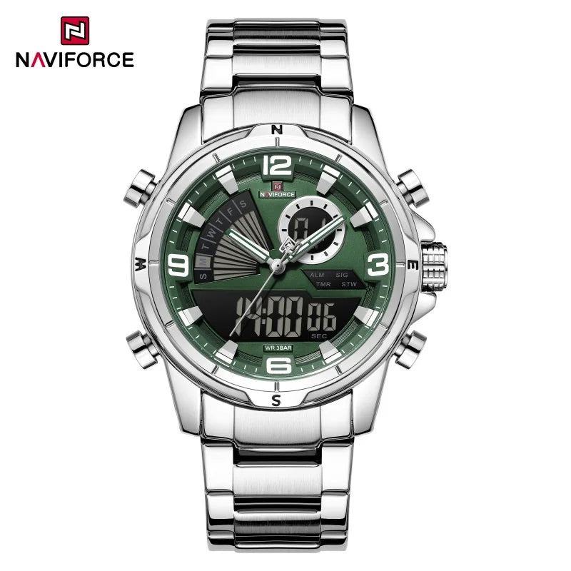 NAVIFORCE Men's Watch 3ATM Waterproof Multifunctional Dual Display with Date Stainless Steel Strap Luxury Business Wristatch