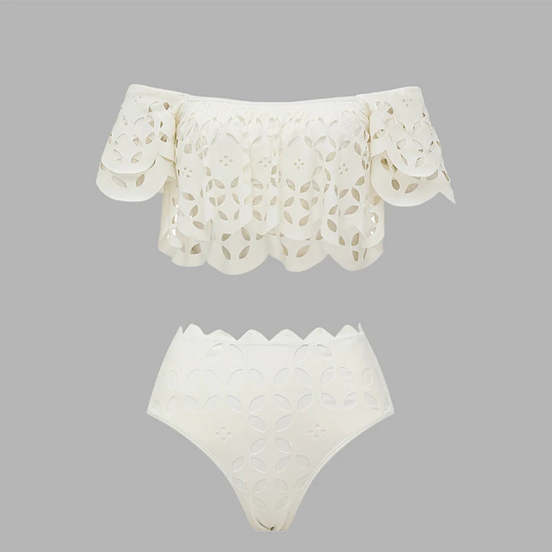 Flaxmaker Sexy Strapless Hollowed Bikini Swimsuit Solid Sleeveless Vest Straight Skirt Suit Female Summer Chic Casual Sets