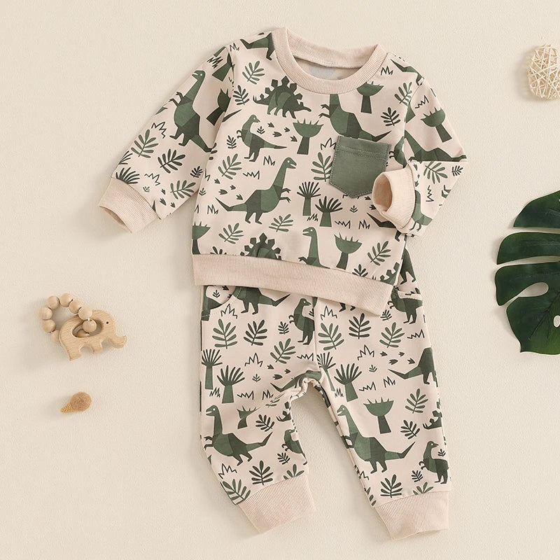 Toddler Boys Clothes Dinosaur Print 6 12 18 24 Months 3T 4T Outfits Long Sleeve Pullover Jogger Pant 2PC Sets
