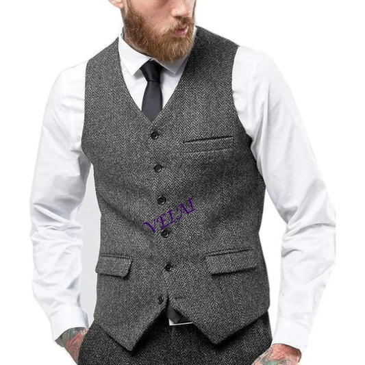 CustomizedMen's Vintage Herringbone Vest | Slim Fit Wool Tweed Waistcoat for Prom/Wedding (Classic Retro Style) Herringbone Weav