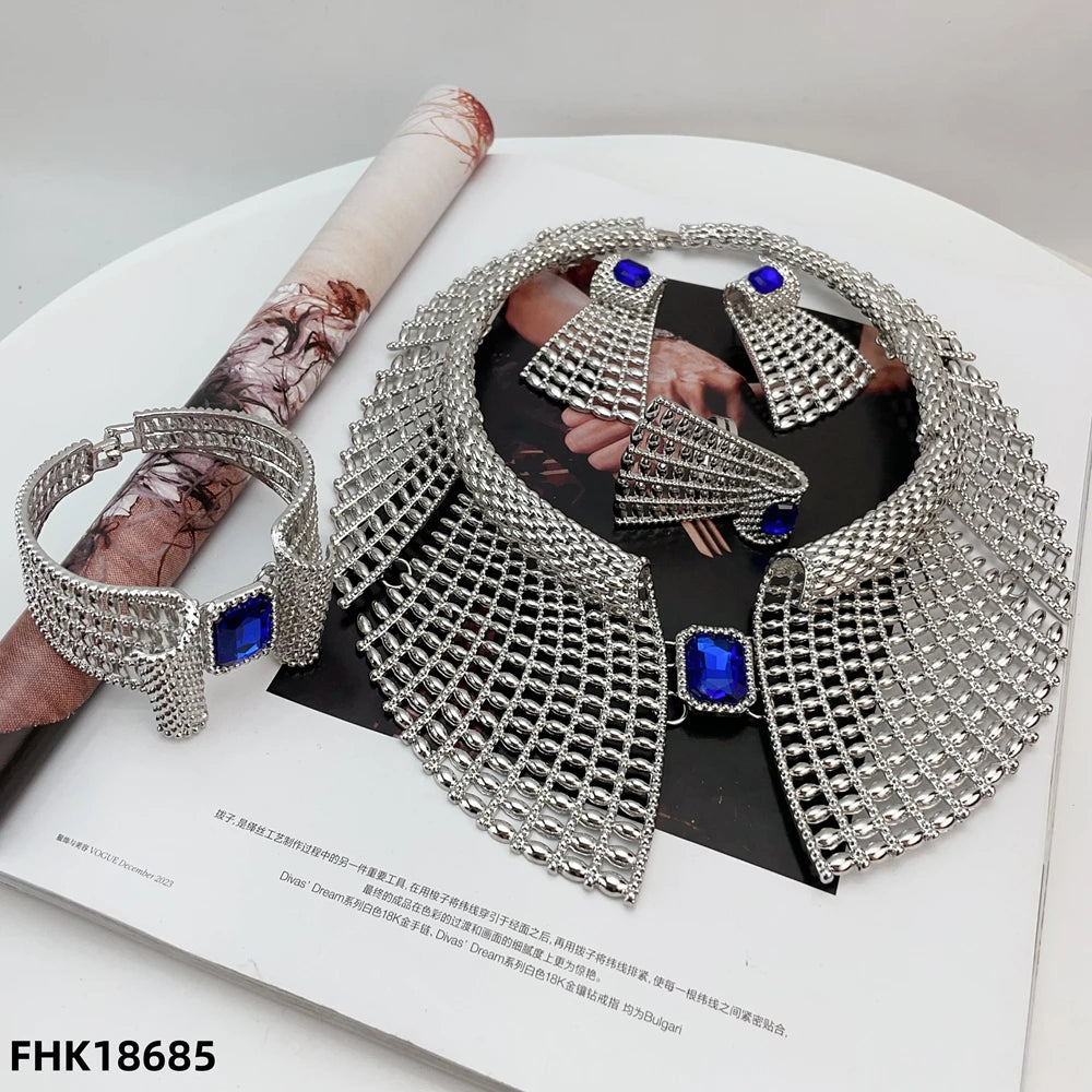 Nigeria Original 18K Gold Plated Jewelry Set Women Big Bold Necklace Earrings Bracelet Ring Wedding Party Accessor FHK18356