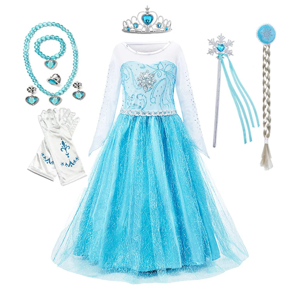 Disney Elsa Anna Princess Dress Girls Mesh Ball Gown Halloween Carnival Birthday Clothing Kids Cosplay Snow Queen Frozen Costume
