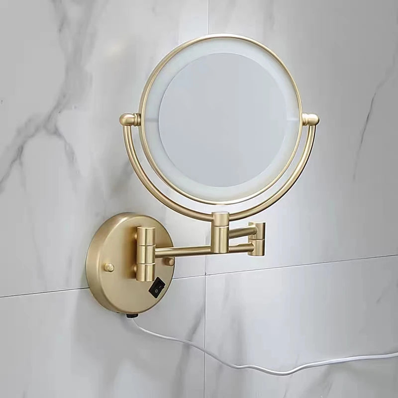 Brushed Gold LED Makeup Mirror with Brass Folding Bathroom Mirrors of 8 Inch 3X 5X Maynifying Makeup Mirror Dual Face LED Mirror