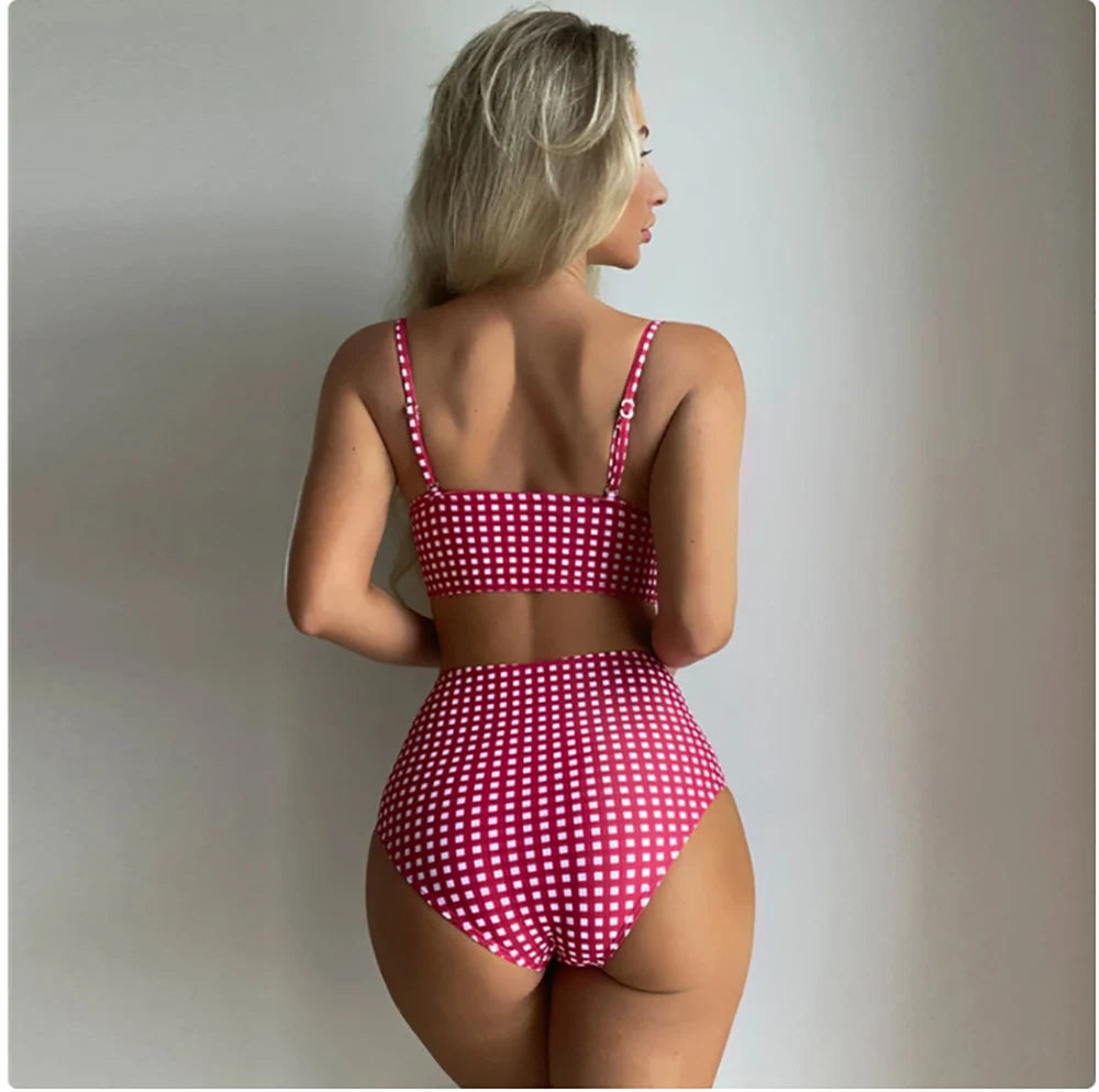2025 New Two-piece Bikini Set Women Plaid Swimsuit Sling Backless Swimwear Tight Gathered Beachwear Brazilian Bathing Suit