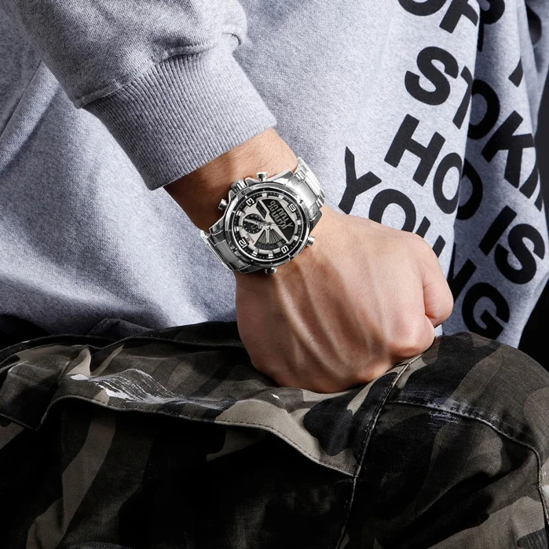 NAVIFORCE Men's Watch 3ATM Waterproof Multifunctional Dual Display with Date Stainless Steel Strap Luxury Business Wristatch