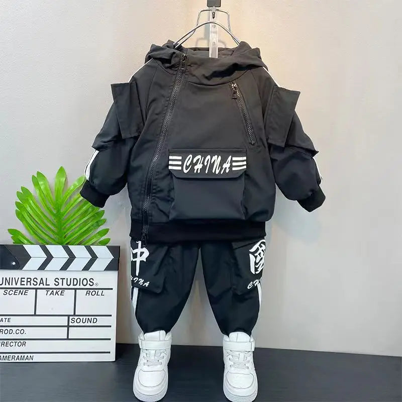 Baby Boys' Clothing Set Spring and Autumn New Handsome Children's Hooded Jacket Pants Two Piece Clothing Sports Set 2-9Y