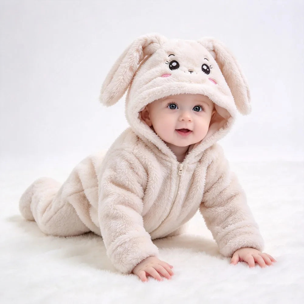 Baby Animal Onesie 0-12M Panda Bunny Bear Hooded Plush Romper Soft Warm Coral Fleece Jumpsuit Newborn Bodysuit Winter Costume