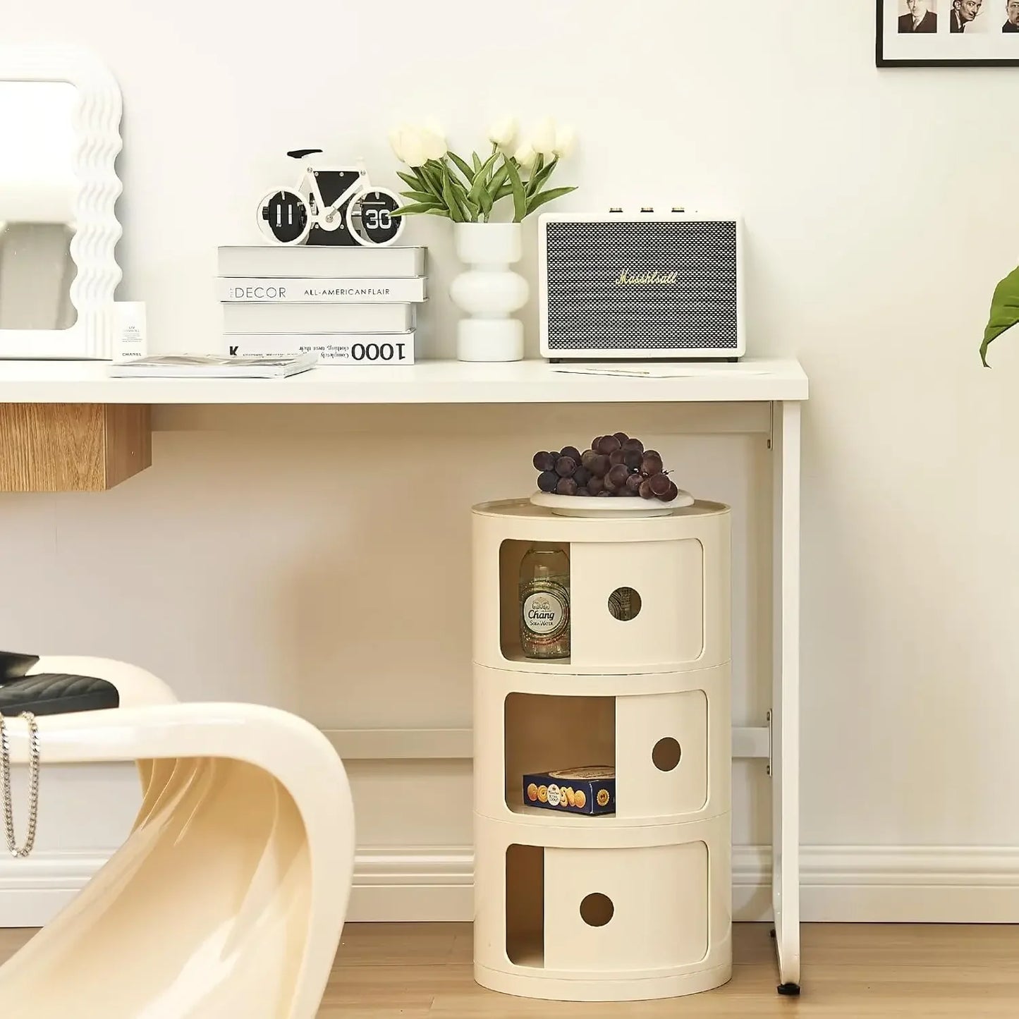 Round Nightstand with 3 Drawers, Modern Style Side Table, Multifunctional End Table Storage Cabinet for Living Room, Bedroom