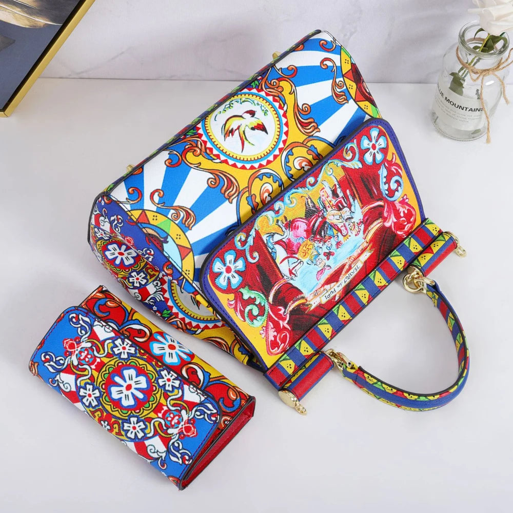 Luxury Women Bags Leather Vintage Painting Art Purse Handbags Girl Shoulder Bag Fashion Cross Body Messenger Bag Female Totes