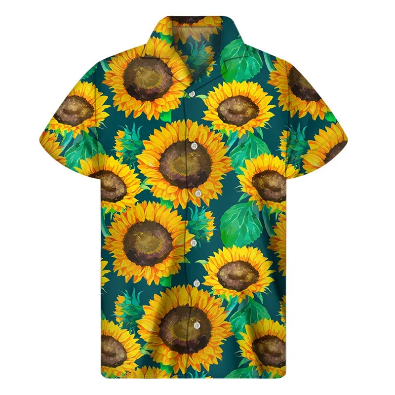 3d Plants Sunflower Print Shirt For Men Fashion Classic Short Sleeve Summer Vacation Shirts Breathable Tops Hawaiian Shirts
