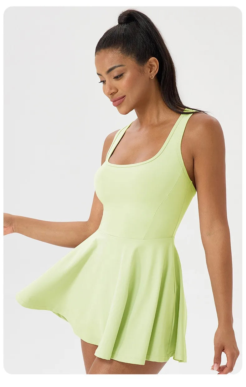 Women Summer Tennis Dress Breathable Quick-Dry Workout Dress Outdoor Sports Skirt Gym Yoga Short Dress Casual Athletic Skirt