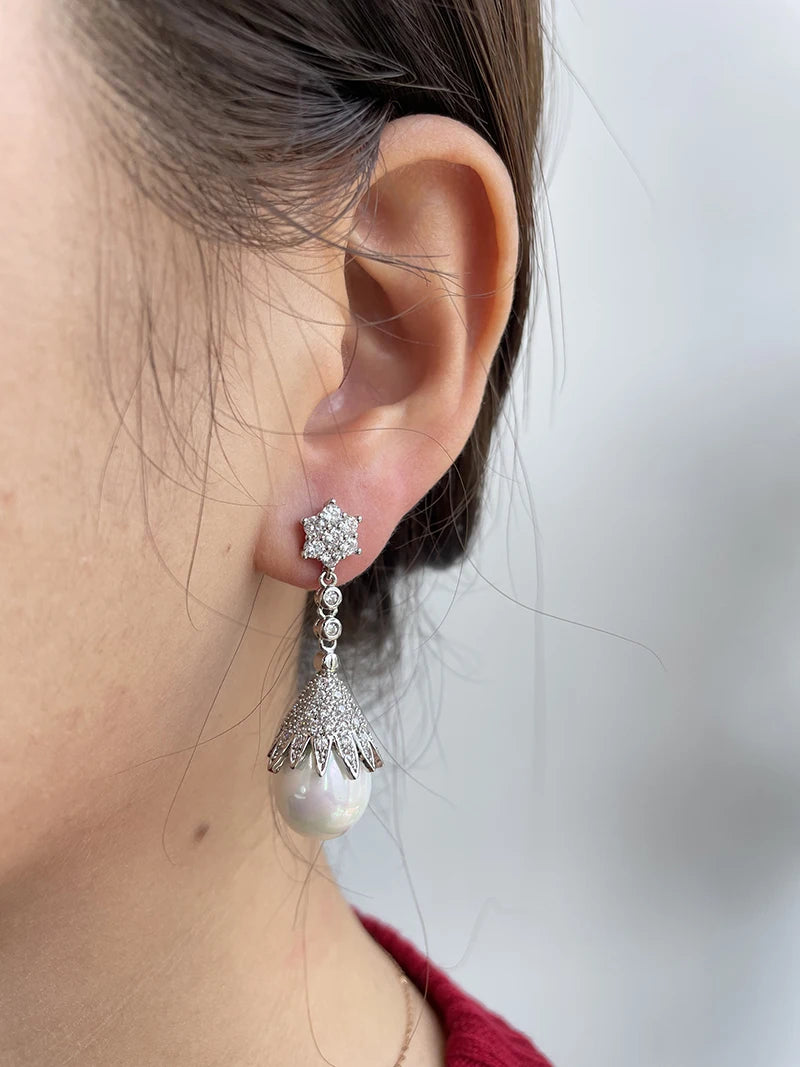 SENYU Luxury Emerald Color Water Drop Shell Pearl Drop Earrings Shiny Women Zircon Earrings for Wedding Brides Jewelry Gifts