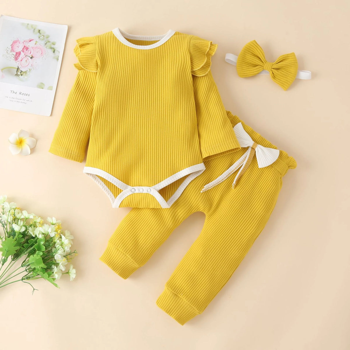 3Pcs Baby Girl Outfit Set Newborn Toddler Kids Clothing Set Baby Girls Lace Ruffles Cotton Bodysuit +Pants+Headband Clothing