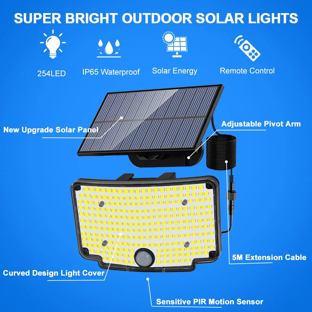 254/243LED Outdoor Solar Lights Garden Solar Powered Security Light Flood Light Motion Sensor 3 Mode Waterproof Garden Shed Yard