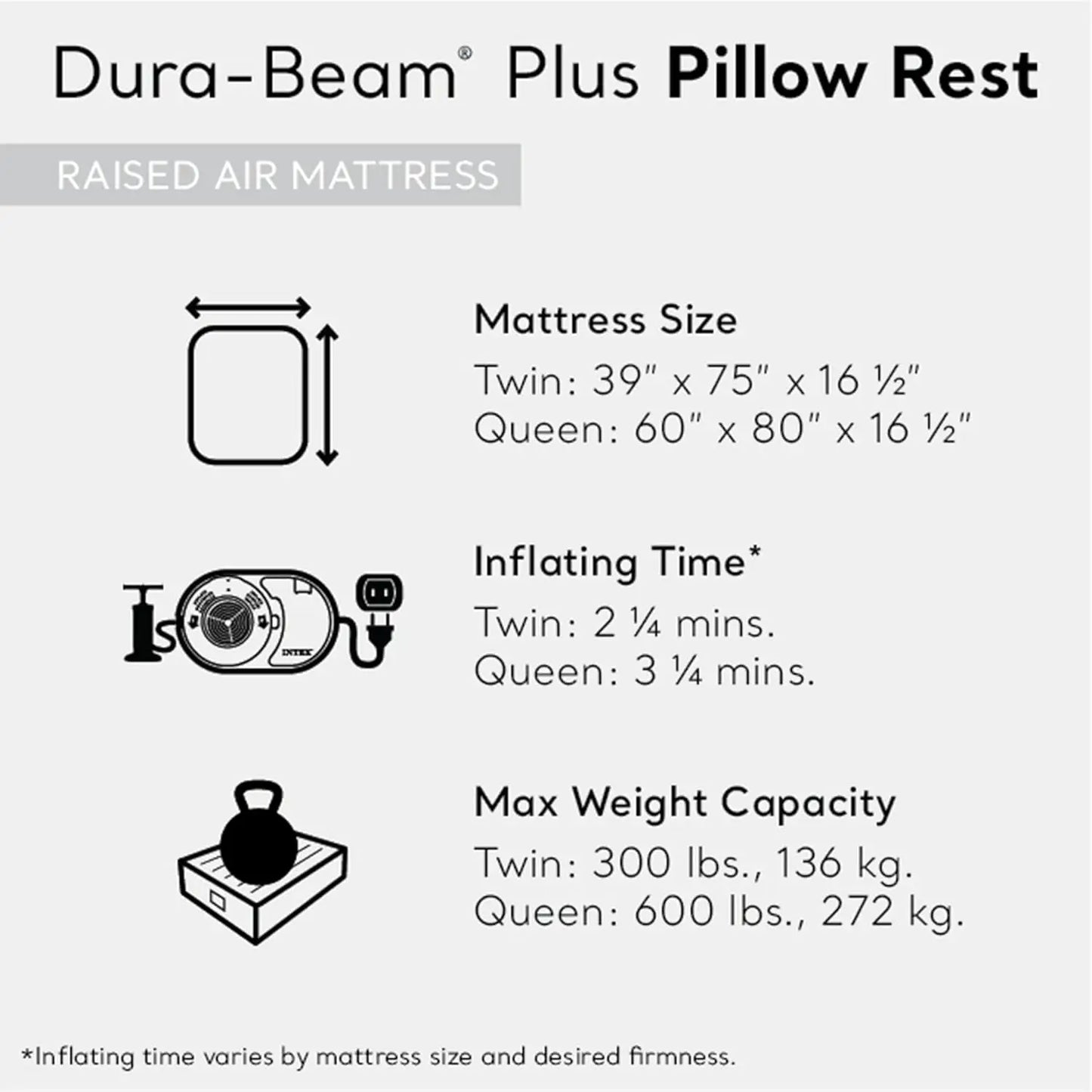 Raised Airbed Mattress with Built-in Pump,Dura-Beam Plus Pillow,Twin - Portable Inflatable Luxury Blow-Up Bed for Adults,Camping