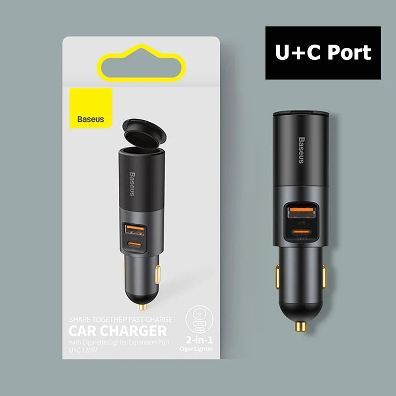 Baseus 120W Car Phone Charger Quick Charge QC 4.0 3.0 Dual USB Type C Expand Charger Adapter For iPhone Xiaomi Samsung Huawei