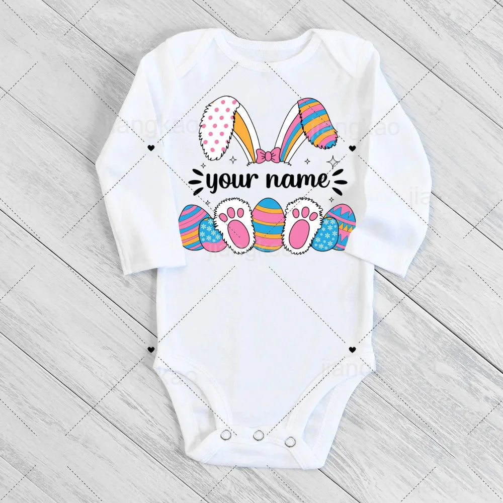 Personalized Easter Romper Easter Bunny Romper Custom Name Baby Girls Cute Outfit Newborn First Easter Party Clothes
