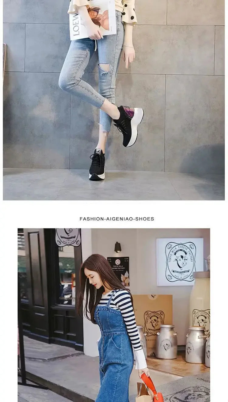 2025 Women's Sneakers Spring Sequined Casual Shoes Woman Platform Heels Wedges Height Increasing Knitted Ladies Vulcanized Shoes