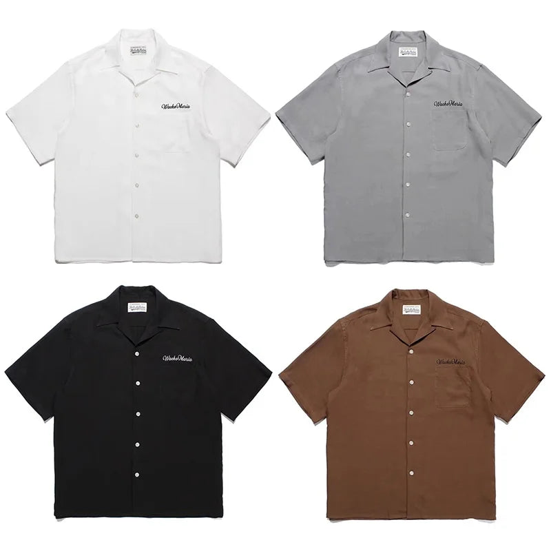 High-end Summer WACKO MARIA Solid Color Cursive wackomaria Embroidery Logo Simple Hawaii Short Sleeve Shirt