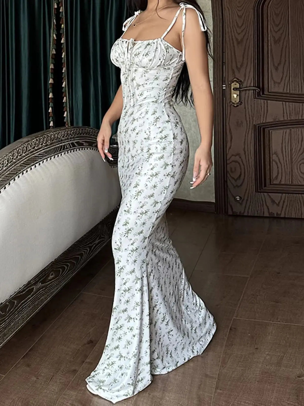 2025 Summer Floral Midi Dress Women Spaghetti Strap Tie-up V-neck Split Dress Sexy Vintage Elegant Dresses Female