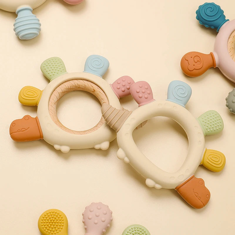 Cartoon Stegosaurus Baby Wooden Ring Silicone Teething Toys Easy to Grip Newborn Gift BPA Free Colorful Infant Chewing Molar Toy