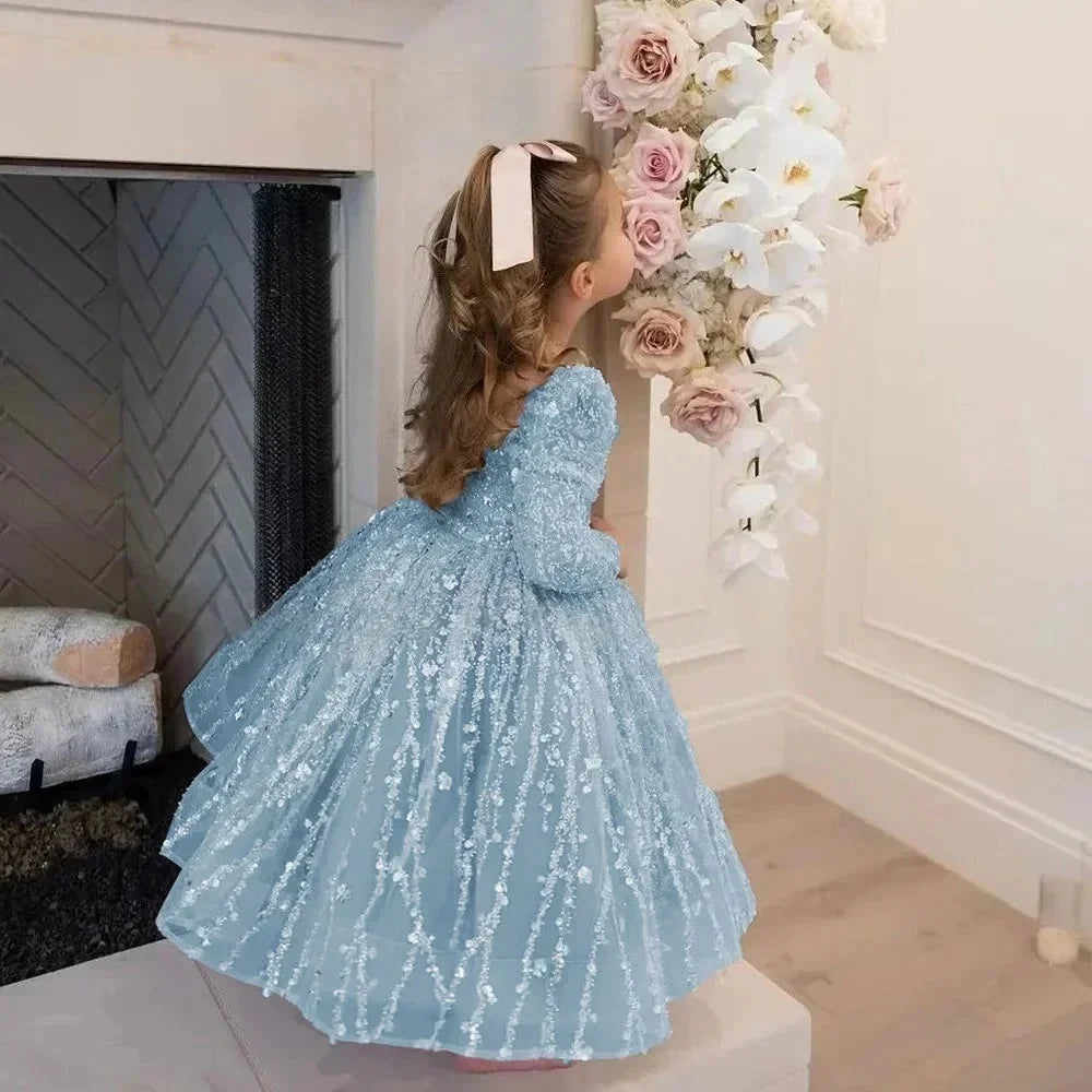 Custom Flower Girl Dress First Christmas Dress Wedding Party Gown Blush Pink Sequin Lace Long Sleeve Kids Evening Dress فسات