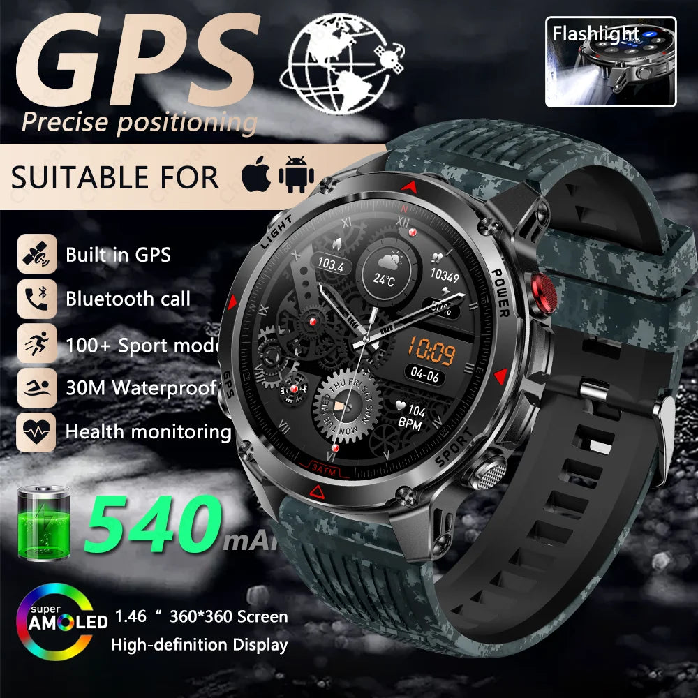 2025 New Outdoor Millitary Smart Watch Men GPS Positioning 540mAh Battery Waterproof Sports Fitness Tracker BT Call Smartwatch