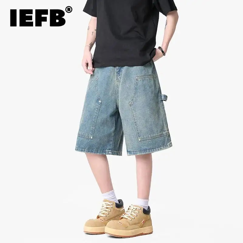 IEFB Workwear Men's Denim Shorts Multi Pocket Wide Leg Baggy Fit Casual Summer Streetwear Casual Cargo Jeans 9X2957