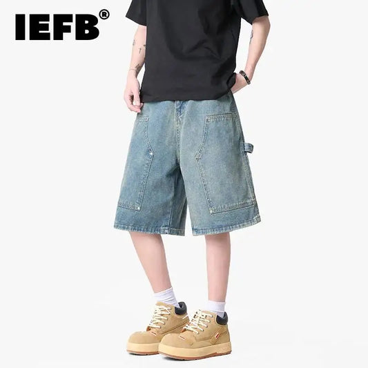 IEFB Workwear Men's Denim Shorts Multi Pocket Wide Leg Baggy Fit Casual Summer Streetwear Casual Cargo Jeans 9X2957