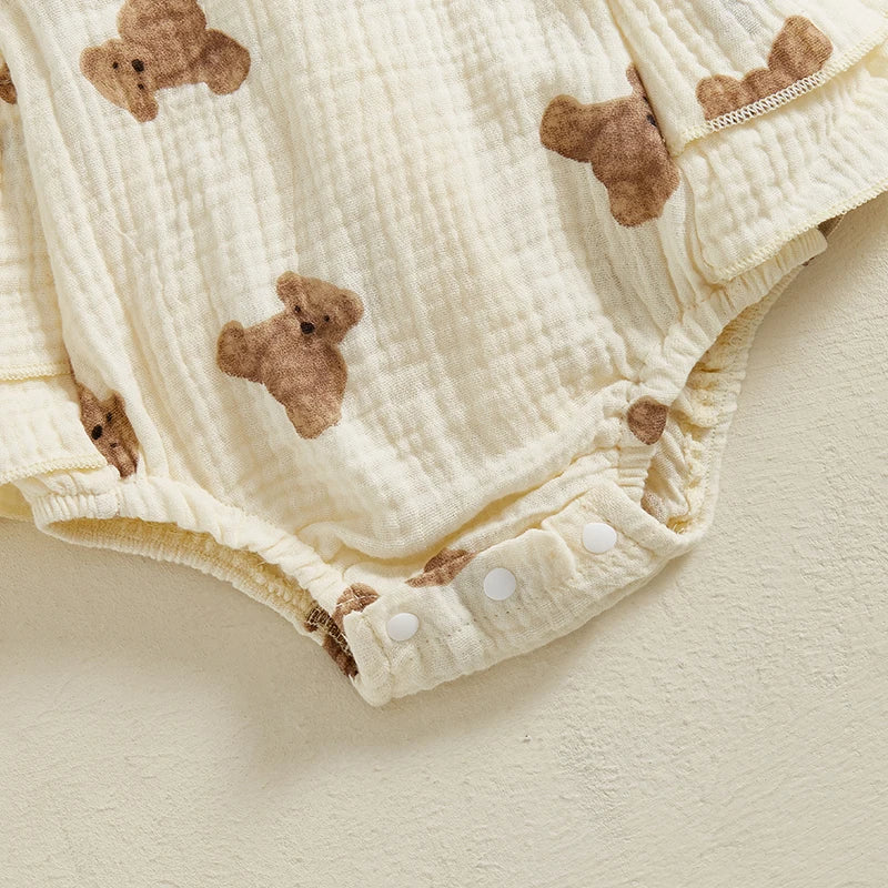0-18M Newborn Baby Girl Bodysuits Cartoon Bear Pattern Ruffled Flying Sleeve Romper with Bow Headband Set Summer Infant Outfits
