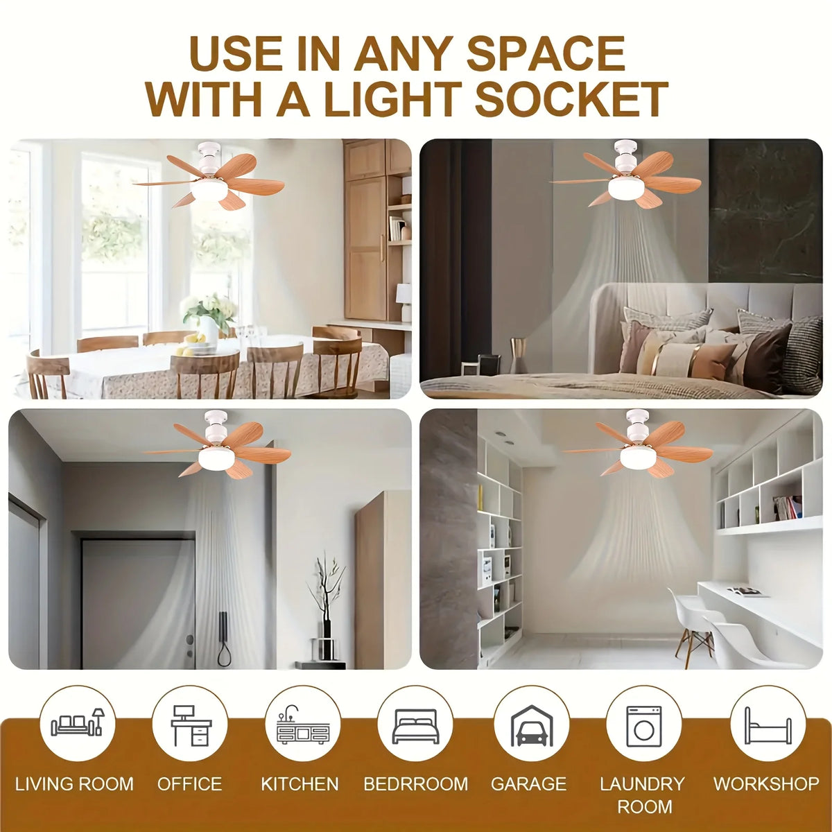 E26/E27 Lamp Holder Fan Light, Smart Ceiling Fan with Light and Remote Control, Easy to Install, Suitable for Bedrooms, Kitchens