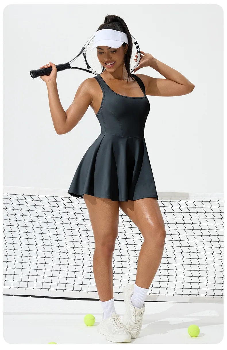 Women Summer Tennis Dress Breathable Quick-Dry Workout Dress Outdoor Sports Skirt Gym Yoga Short Dress Casual Athletic Skirt